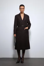 Antioch Kahve Balıksırtı Desenli Kemerli Kaban