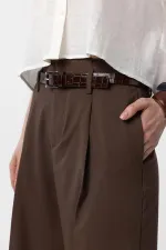 Antioch Kahve Yüksek Bel Pilili Kadın Pantolon