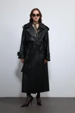 Antioch Black Textured Faux Leather Trench Coat