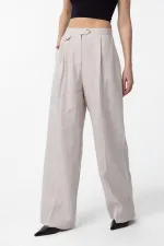 Antioch Bej 100% Keten Yüksek Bel Pilili Kadın Pantolon