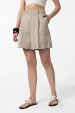 Antioch Bej Yüksek Bel Pensli  Kadın Bermuda Şort