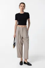 Antioch Beige Pleated Soft Ankle Length Women's Trousers