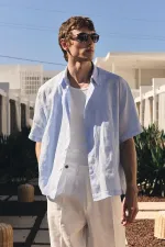 Antioch Bebe Mavi 100% Keten Relaxed Erkek Gömlek