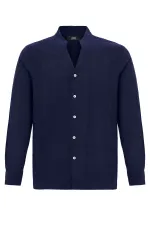 Antioch Navy Blue Mandarin Collar Long-Sleeved Men's Shirt
