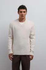 Antioch Ecru Textured V-Neck Men's Sweater