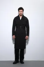Trench-coat Antioch noir à double boutonnage avec ceinture