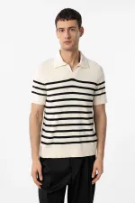 Antioch Ekru-Siyah Polo Yaka Çizgili Erkek Triko T-Shirt