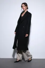 Antioch Siyah Kemerli Kruvaze Kadın Kaban