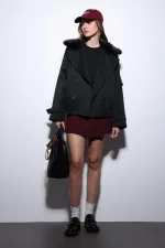 Antioch Siyah Suni Kürklü Kısa Kadın Trençkot