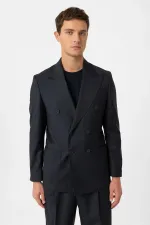 Costume technique rayé bleu marine Antioch à double boutonnage, coupe italienne, en laine mélangée.