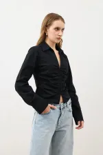 Chemise Antioch noire froncée en popeline pour femme