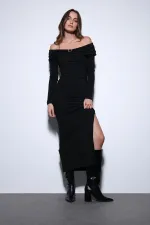 Antioch Siyah Drape Detaylı Aksesuarlı Elbise