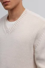Antioch Ecru Textured V-Neck Men's Sweater
