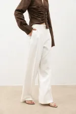 Antioch Ecru Wide Leg Women's Trousers with Pens Detail