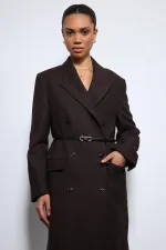 Antioch Kahve Balıksırtı Desenli Kemerli Kaban