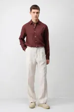 Antioch Bordo Keten Karışımlı Relax Fit Erkek Gömlek