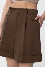 Antioch Kahve Yüksek Bel Pensli  Kadın Bermuda Şort