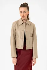 Antioch Bej Kadın Polo Yaka Suni Deri Ceket