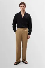 Pantalon pour homme Antioch Light Mink taille haute plissé en lin mélangé