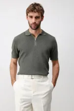 Antioch Haki Comfort Slim Fermuarlı Erkek Triko T-Shirt