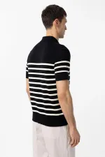 Antioch Siyah/Ekru Polo Yaka Çizgili Erkek Triko T-Shirt