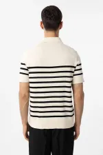 Antioch Ekru-Siyah Polo Yaka Çizgili Erkek Triko T-Shirt