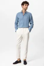 Antioch Bebe Blue Collar Button Detail 100% Linen Men's Shirt