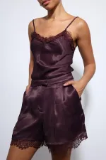 Antioch Bordo Dantel Detaylı Saten Şort