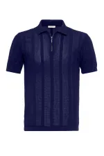 Antioch Navy Blue Polo Collar Zip-Up Knitted Men's T-Shirt