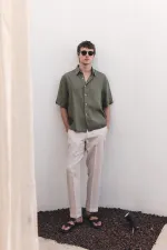 Antioch Haki 100% Keten Relaxed Erkek Gömlek