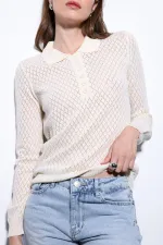 Antioch Ecru Polo Collar Patterned Knit Women's Sweater