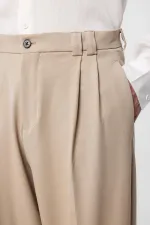 Antioch Koyu Bej Yüksel Bel Relax Fit Pileli Erkek Pantolon