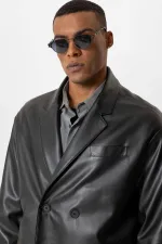 Antioch Siyah Suni Deri Kruvaze Erkek Ceket