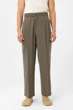 Antioch Khaki Modal Fabric Relax Fit Belted Men's Trousers
