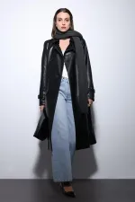 Antioch Siyah Kadın Suni Deri Kemerli Trençkot