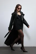 Antioch Black Textured Faux Leather Trench Coat
