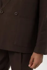 Antioch Kahve Keten Karışımlı Kruvaze Düğmeli Erkek Blazer Ceket