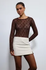 Antioch Kahve Dantel Detaylı Transparan Bluz