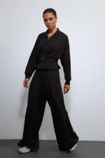 Antioch Acı Kahve Bel Kemerli Geniş Paça Pantolonlu Takım