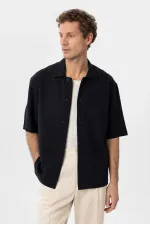 Antioch Black Textured Jacquard Cotton Men's Short-Sleeve Shirt
