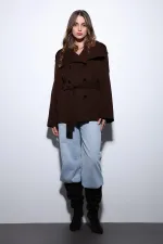 Antioch Koyu Kahve Dik Yaka Kruvaze Kadın Kaban