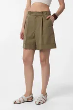 Antioch Haki Yüksek Bel Pensli  Kadın Bermuda Şort