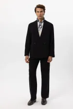 Antioch Black Linen Blend Double-Breasted Button-Down Men's Blazer Jacket