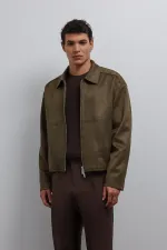 Antioch Haki Fermuarlı Suni Süet Erkek Mont