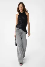 Antioch Siyah Asimetrik Saten Sırt Dekolteli Kadın Top