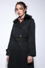 Trench-coat Antioch noir à col en fausse fourrure pour femme
