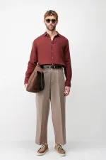 Antioch Bordo 100% Keten Relax Fit Erkek Gömlek