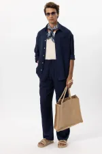 Antioch Navy Blue Linen Blend Baggy Men's Trousers with Belt