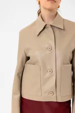 Antioch Bej Kadın Polo Yaka Suni Deri Ceket