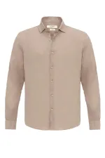 Antioch Bej Yaka Düğme Detaylı %100 Keten Erkek Gömlek